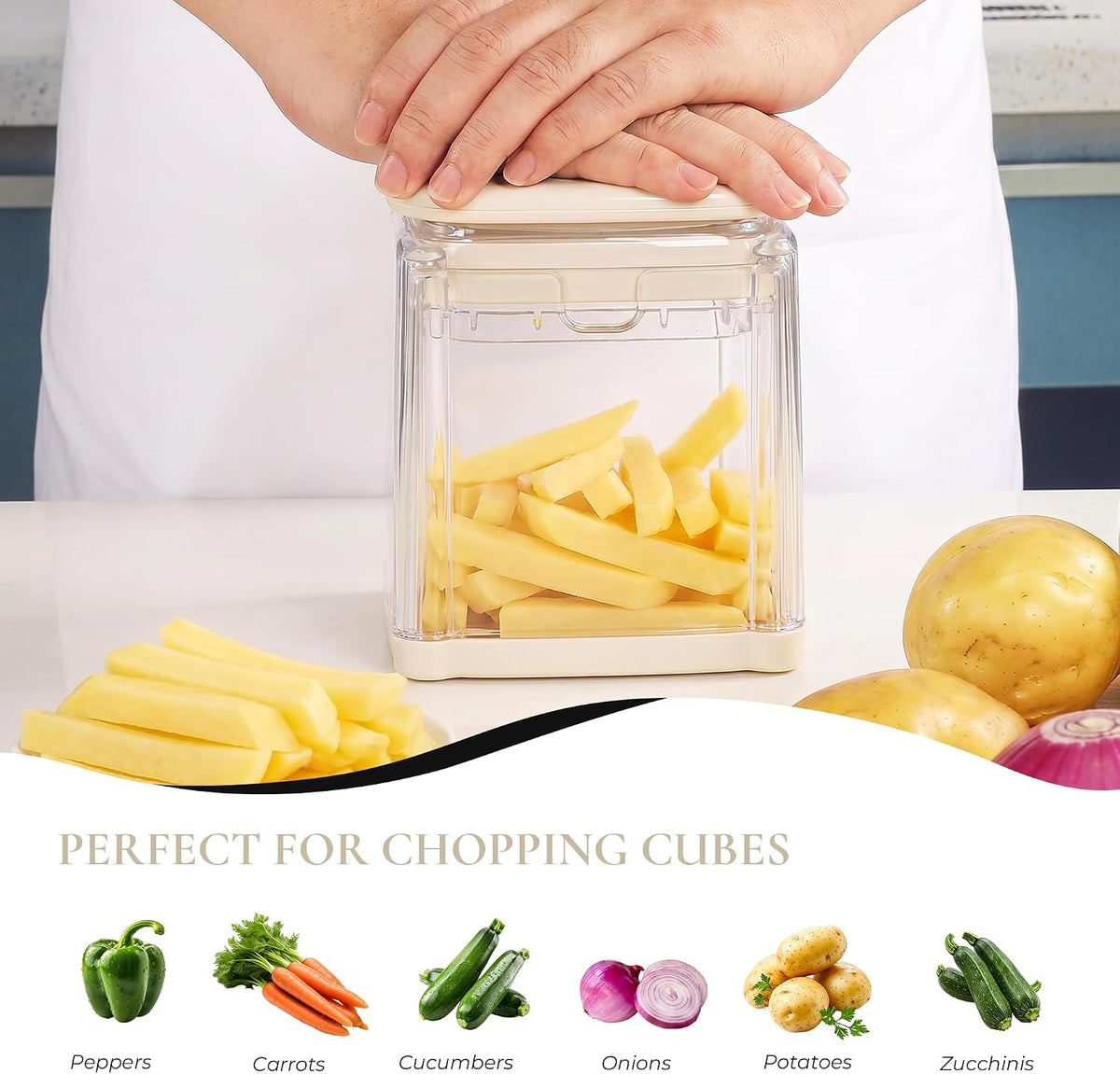 French Fry Cutter with 2 Blades Stainless Steel Manual Potato Chopper White