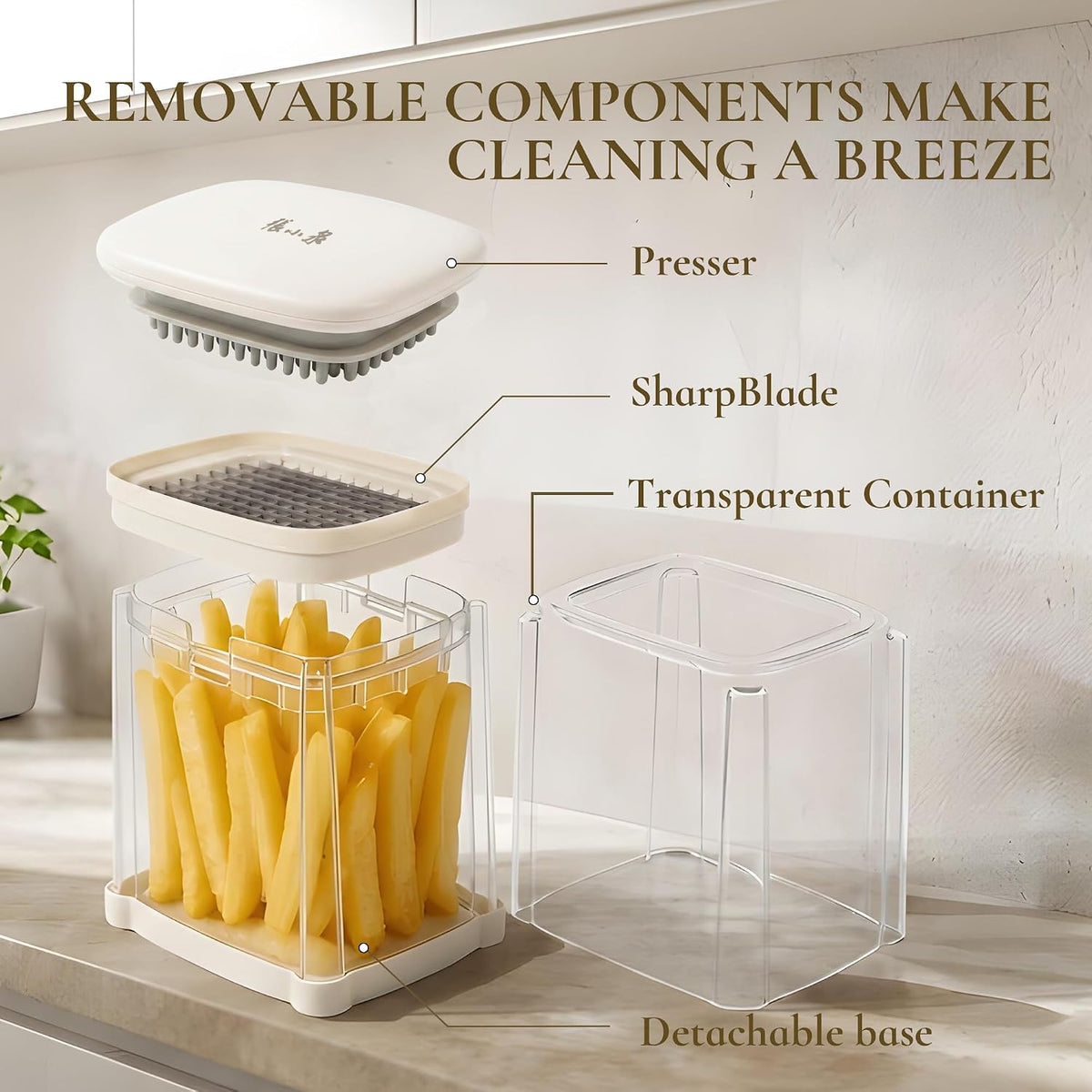 French Fry Cutter with 2 Blades Stainless Steel Manual Potato Chopper White