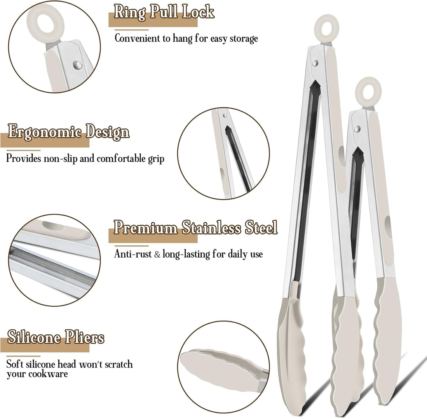 Kitchen Tongs, 9" and 12" Stainless Steel Cooking Tongs with Silicone Tips for Cooking Grilling Serving & BBQ, Heat Resistant Silicone Tongs, Locking Design & Dishwasher Safe, Set of 2 & Khaki