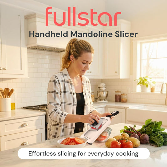 Handheld Mandoline Vegetable Slicer & Julienne Cutter | 2 in 1 Onion, Veggie & Fruit Slicer, 4 Thickness Settings with Stainless Steel Guard for Easy & Safer Slicing (White)