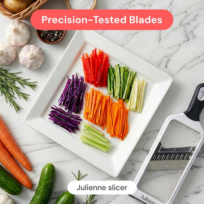Handheld Mandoline Vegetable Slicer & Julienne Cutter | 2 in 1 Onion, Veggie & Fruit Slicer, 4 Thickness Settings with Stainless Steel Guard for Easy & Safer Slicing (White)