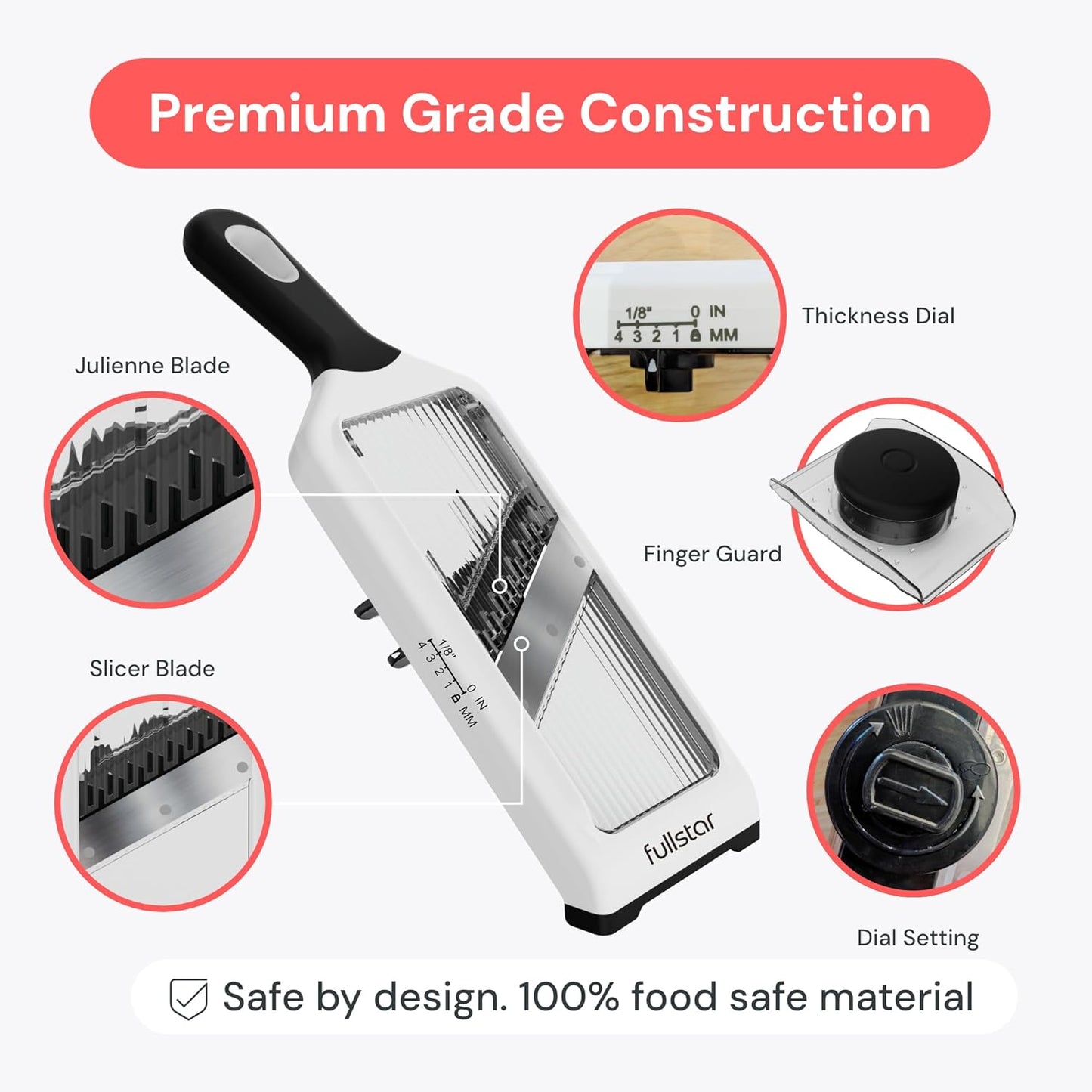 Handheld Mandoline Vegetable Slicer & Julienne Cutter | 2 in 1 Onion, Veggie & Fruit Slicer, 4 Thickness Settings with Stainless Steel Guard for Easy & Safer Slicing (White)