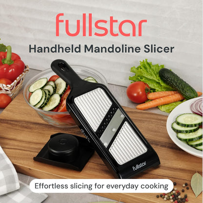 Handheld Mandoline Vegetable Slicer & Julienne Cutter | 2 in 1 Onion, Veggie & Fruit Slicer, 4 Thickness Settings with Stainless Steel Guard for Easy & Safer Slicing (White)