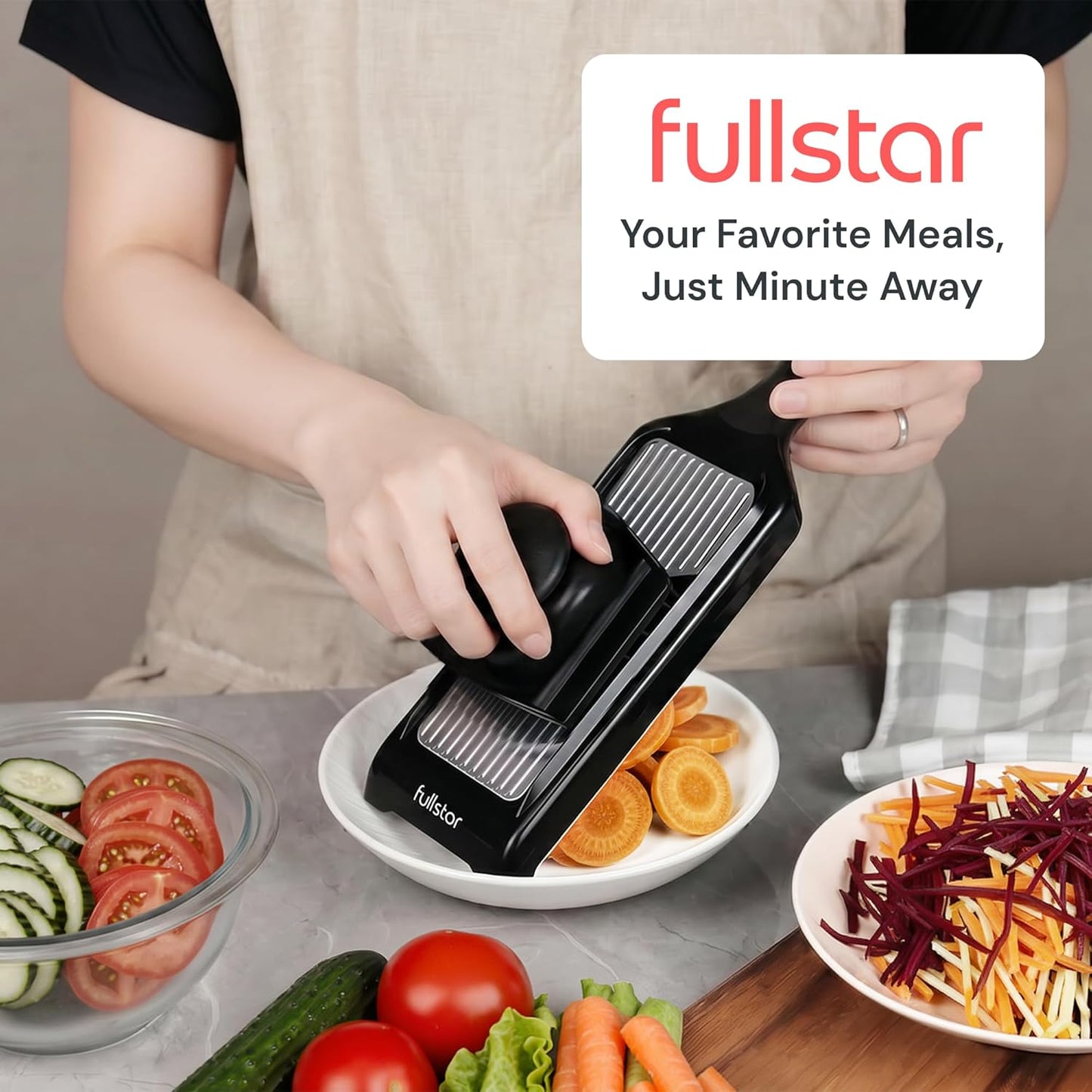 Handheld Mandoline Vegetable Slicer & Julienne Cutter | 2 in 1 Onion, Veggie & Fruit Slicer, 4 Thickness Settings with Stainless Steel Guard for Easy & Safer Slicing (White)