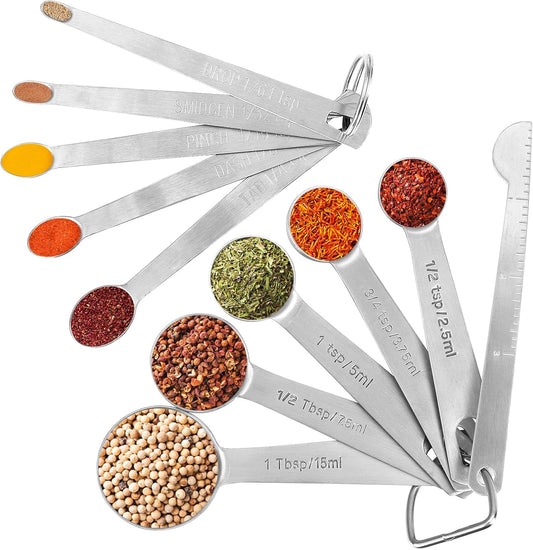 Stainless Steel Measuring Spoons Set with Leveler, Set Of 10 | Food Grade Stainless Steel Material, Stackable Kitchen Metal Measuring Spoons Set Gadgets Measure Dry or Liquid and Spices