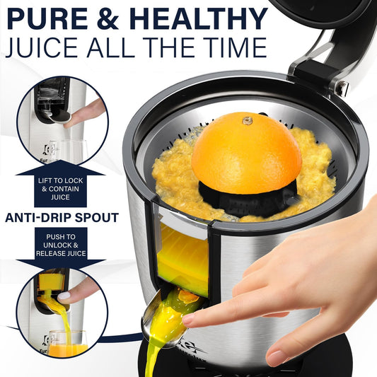 Premium Electric Orange Juicer | Stainless Steel Citrus Squeezer With New Ultra-Powerful Motor and Soft Grip Handle for Effortless Juicing, Auto Shutoff, Dishwasher-safe Parts, Pulp Control