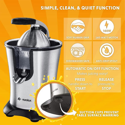 Premium Electric Orange Juicer | Stainless Steel Citrus Squeezer With New Ultra-Powerful Motor and Soft Grip Handle for Effortless Juicing, Auto Shutoff, Dishwasher-safe Parts, Pulp Control