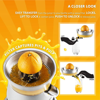 Premium Electric Orange Juicer | Stainless Steel Citrus Squeezer With New Ultra-Powerful Motor and Soft Grip Handle for Effortless Juicing, Auto Shutoff, Dishwasher-safe Parts, Pulp Control