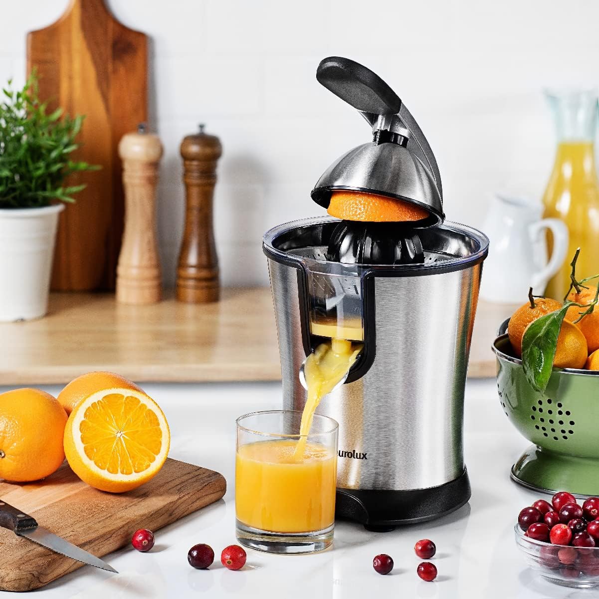 Premium Electric Orange Juicer | Stainless Steel Citrus Squeezer With New Ultra-Powerful Motor and Soft Grip Handle for Effortless Juicing, Auto Shutoff, Dishwasher-safe Parts, Pulp Control