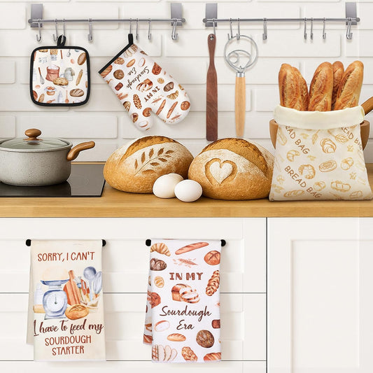 8 Pcs Sourdough Baking Gifts Set Inchude Sourdough Beeswax Bread Bag Towels Apron Oven Mitts Mat Spatula Dough Whisk Bread Making Tools Kit for Bakers Women Mom Gifts