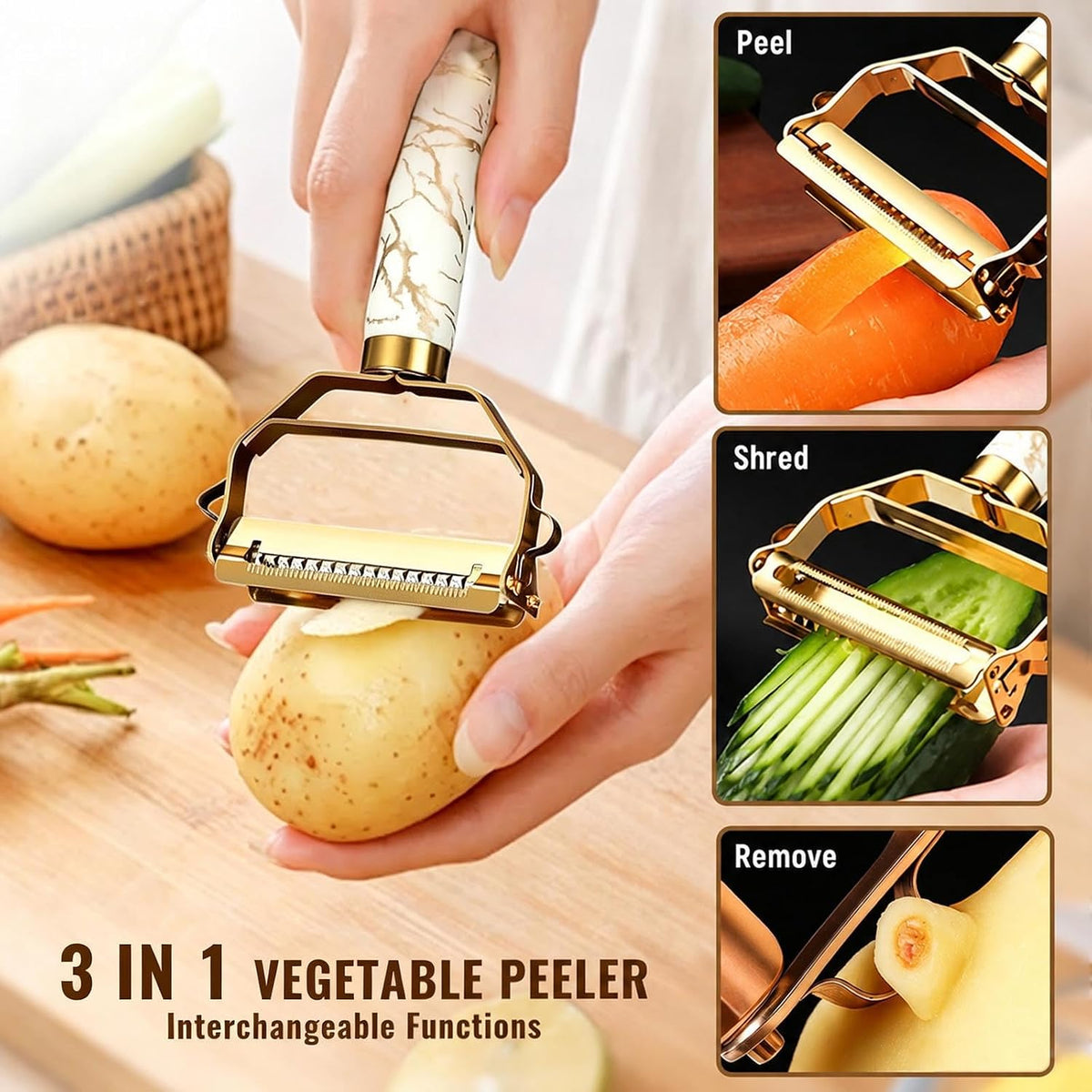 MULTI-FUNCTIONAL 3-IN-1 PEELER, Stainless Steel Peeler, Fruit, Potatoes Peeler for Kitchen,The three functions of peeling, shredding, digging holes are integrated with Ergonomic Non-Slip Handle(gold)
