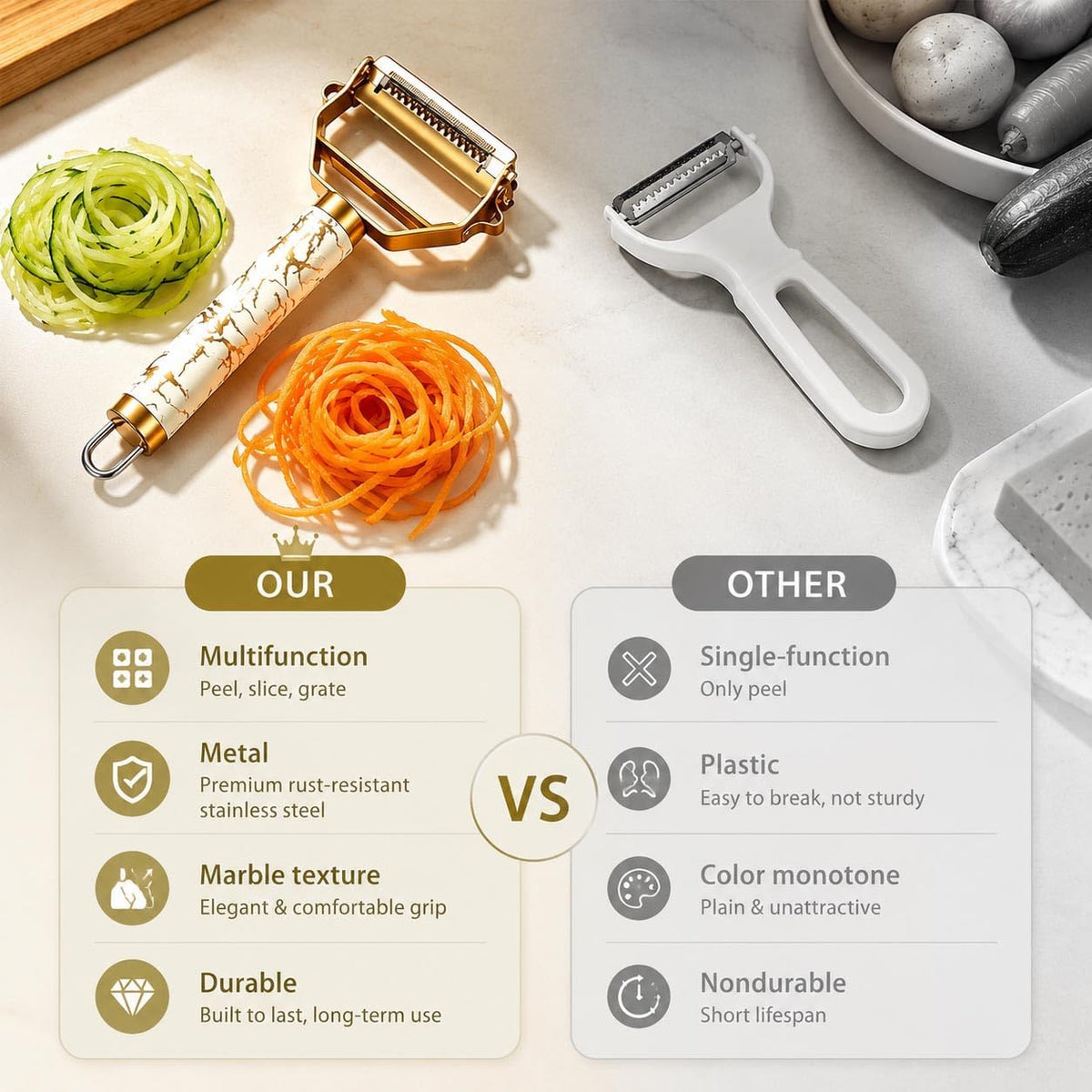 MULTI-FUNCTIONAL 3-IN-1 PEELER, Stainless Steel Peeler, Fruit, Potatoes Peeler for Kitchen,The three functions of peeling, shredding, digging holes are integrated with Ergonomic Non-Slip Handle(gold)
