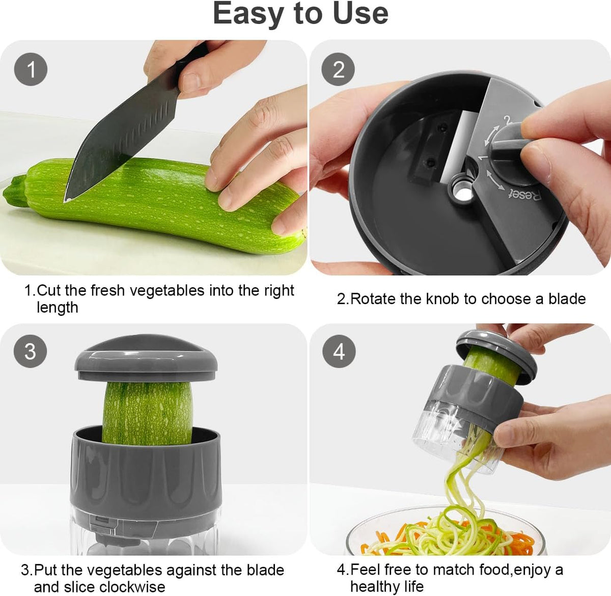 3 in 1 Vegetable Spiralizer Slicer, Adjustable Zucchini Carrot Noodle Maker, Cucumber Spiral Cutter, Easy to Use Kitchen Tool（Dark Grey）