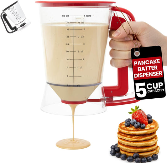 Pancake dispenser, 5-Cup capacity for Batter, Cupcake Batter Dispenser, Waffles & Crepes, Easy Squeeze Handle, Dishwasher Safe - Red Pancake Mix Dispenser