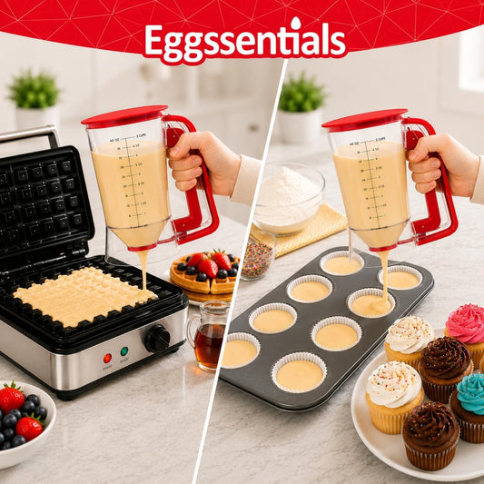 Pancake dispenser, 5-Cup capacity for Batter, Cupcake Batter Dispenser, Waffles & Crepes, Easy Squeeze Handle, Dishwasher Safe - Red Pancake Mix Dispenser