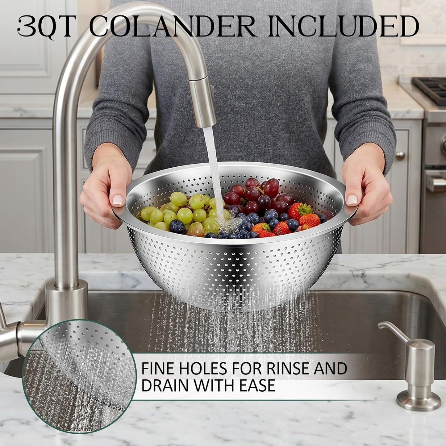 Mixing Bowls with Lids Set, Stainless Steel Mixing Bowls with Colander, Strainer with Mixing Bowl Set, Serving Bowl Kitchen Gift, Size 4.5, 2.5, 2, 1.5QT - Black