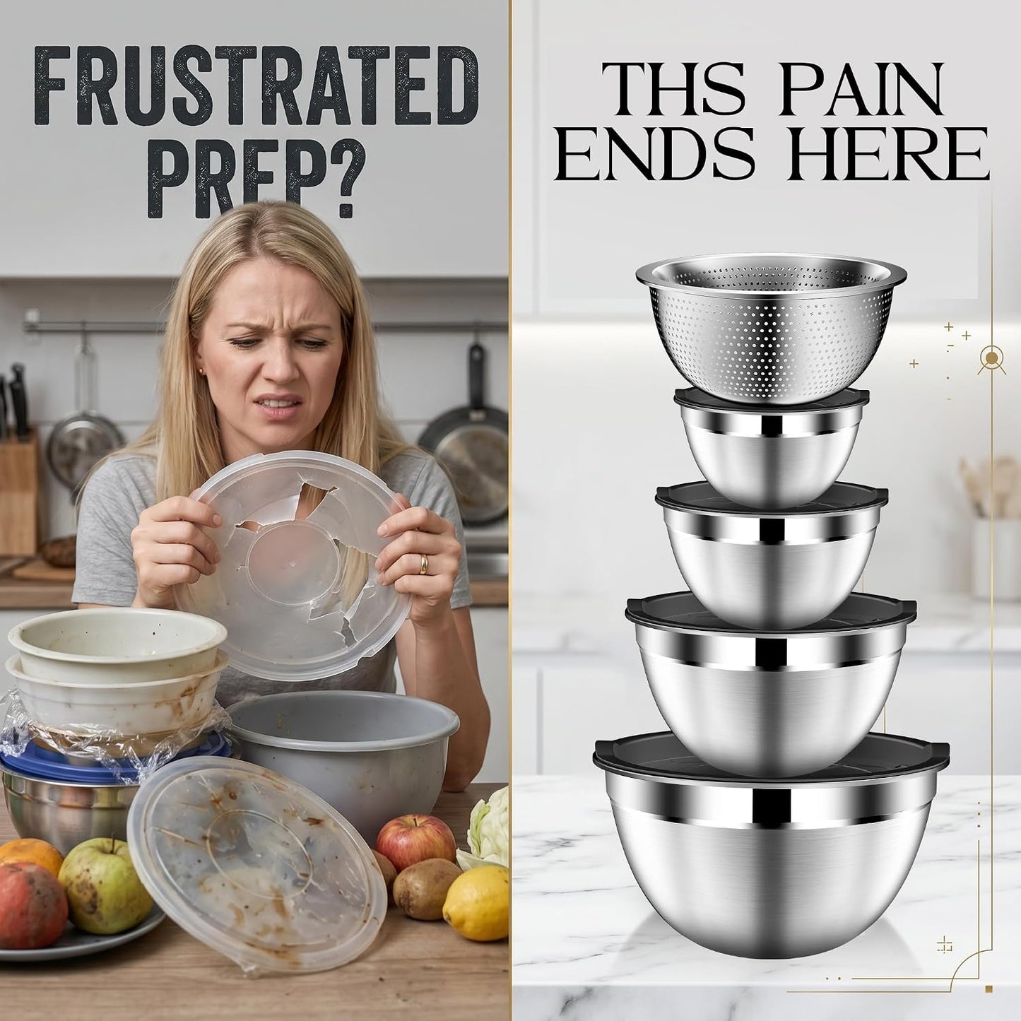 Mixing Bowls with Lids Set, Stainless Steel Mixing Bowls with Colander, Strainer with Mixing Bowl Set, Serving Bowl Kitchen Gift, Size 4.5, 2.5, 2, 1.5QT - Black