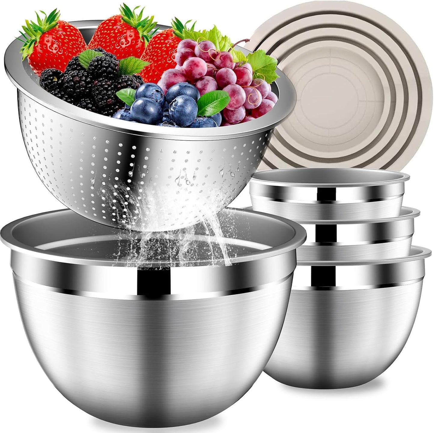 Mixing Bowls with Lids Set, Stainless Steel Mixing Bowls with Colander, Strainer with Mixing Bowl Set, Serving Bowl Kitchen Gift, Size 4.5, 2.5, 2, 1.5QT - Black