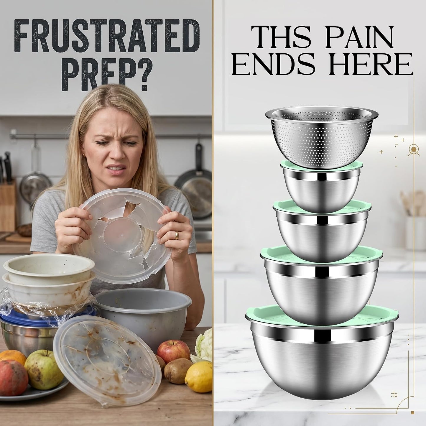 Mixing Bowls with Lids Set, Stainless Steel Mixing Bowls with Colander, Strainer with Mixing Bowl Set, Serving Bowl Kitchen Gift, Size 4.5, 2.5, 2, 1.5QT - Black