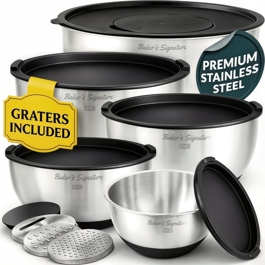 Stainless Steel Mixing Bowls with Lids Set of 5, 3 Graters, Black | Nesting Design with Airtight Covers & Non-Slip Base – Mirror Finish for Food Prep, Storage, Baking & Serving