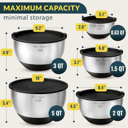 Stainless Steel Mixing Bowls with Lids Set of 5, 3 Graters, Black | Nesting Design with Airtight Covers & Non-Slip Base – Mirror Finish for Food Prep, Storage, Baking & Serving