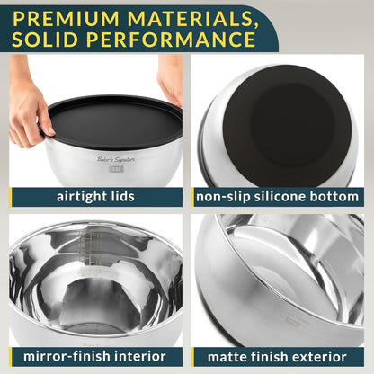 Stainless Steel Mixing Bowls with Lids Set of 5, 3 Graters, Black | Nesting Design with Airtight Covers & Non-Slip Base – Mirror Finish for Food Prep, Storage, Baking & Serving