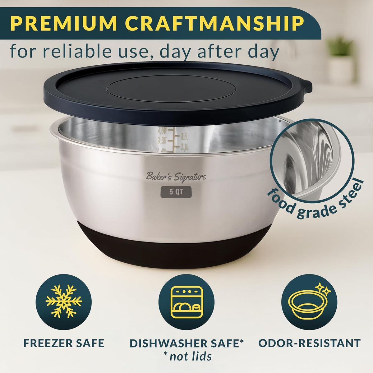 Stainless Steel Mixing Bowls with Lids Set of 5, 3 Graters, Black | Nesting Design with Airtight Covers & Non-Slip Base – Mirror Finish for Food Prep, Storage, Baking & Serving