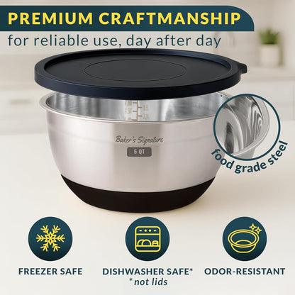 Stainless Steel Mixing Bowls with Lids Set of 5, 3 Graters, Black | Nesting Design with Airtight Covers & Non-Slip Base – Mirror Finish for Food Prep, Storage, Baking & Serving