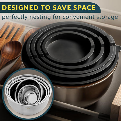 Stainless Steel Mixing Bowls with Lids Set of 5, 3 Graters, Black | Nesting Design with Airtight Covers & Non-Slip Base – Mirror Finish for Food Prep, Storage, Baking & Serving