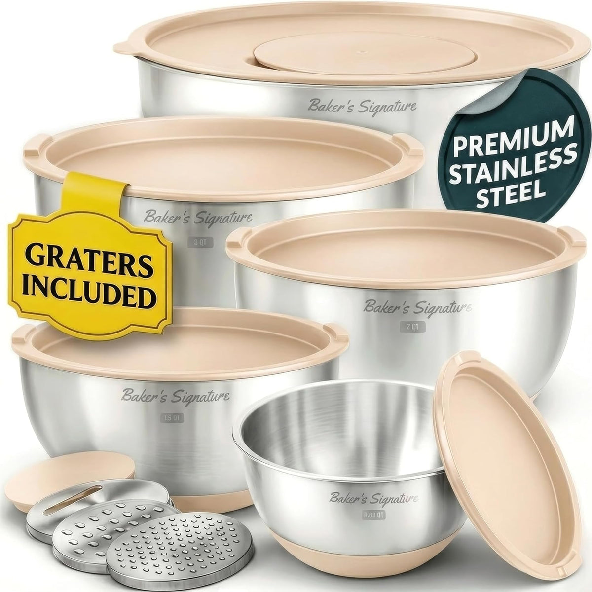Stainless Steel Mixing Bowls with Lids Set of 5, 3 Graters, Black | Nesting Design with Airtight Covers & Non-Slip Base – Mirror Finish for Food Prep, Storage, Baking & Serving