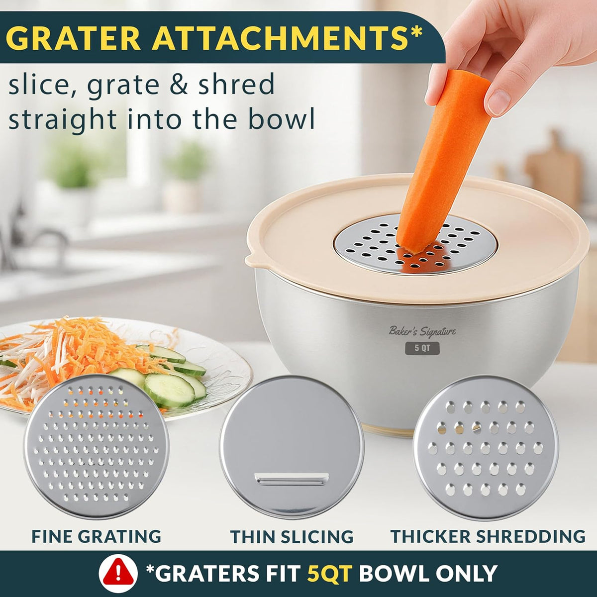 Stainless Steel Mixing Bowls with Lids Set of 5, 3 Graters, Black | Nesting Design with Airtight Covers & Non-Slip Base – Mirror Finish for Food Prep, Storage, Baking & Serving