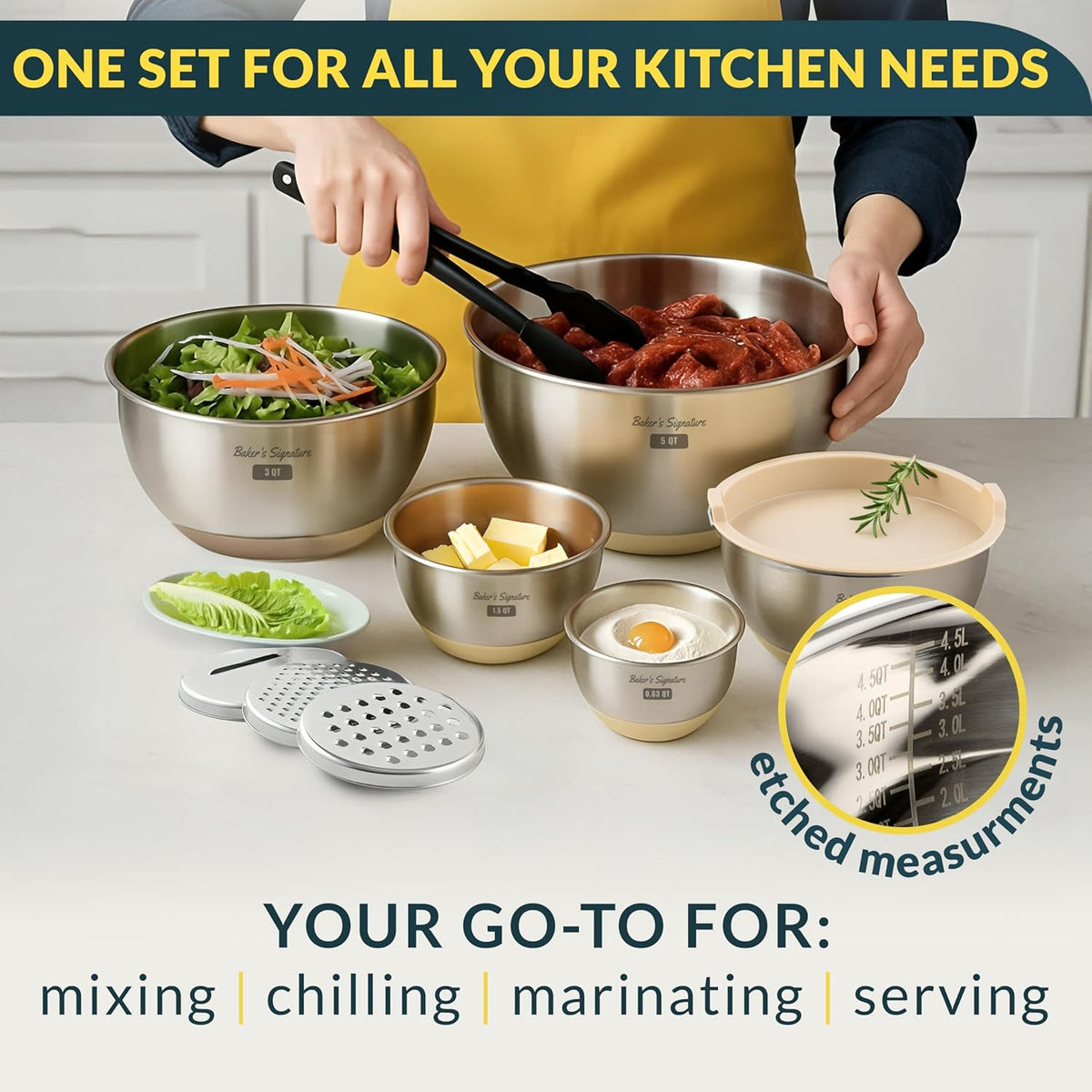 Stainless Steel Mixing Bowls with Lids Set of 5, 3 Graters, Black | Nesting Design with Airtight Covers & Non-Slip Base – Mirror Finish for Food Prep, Storage, Baking & Serving