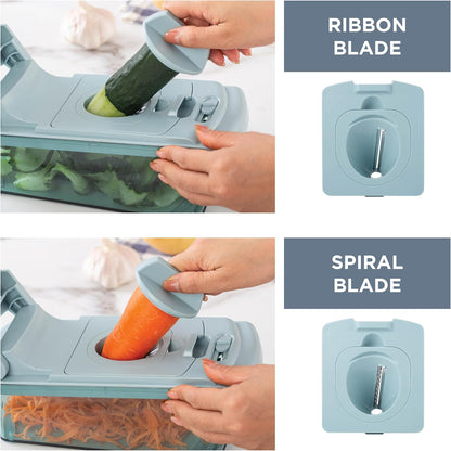 Vegetable Chopper - Multifunctional 11 in 1 Vegetable Chopper with Container - Food Chopper to Dice, Chop, Slice, Julienne and Spiralize, Blue