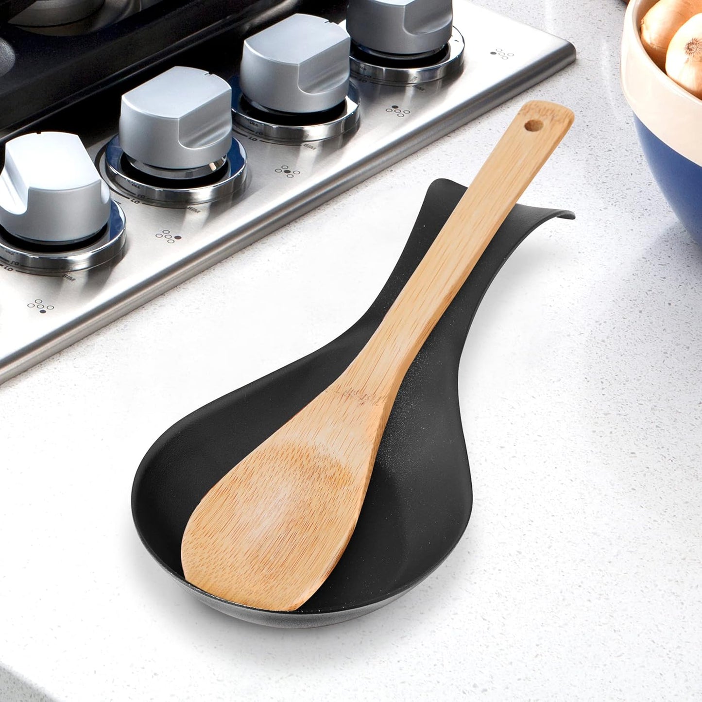 Stainless Steel Spoon Rest- Long Handle Holds Kitchen Utensils in Place, Great Spoon Rest for Counter, Stove Top, or Coffee Station; Kitchen Accessories, Utensil Rest, Black