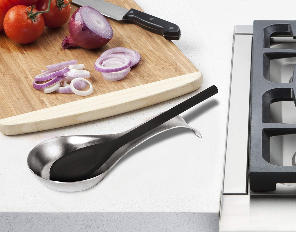 Stainless Steel Spoon Rest- Long Handle Holds Kitchen Utensils in Place, Great Spoon Rest for Counter, Stove Top, or Coffee Station; Kitchen Accessories, Utensil Rest, Black