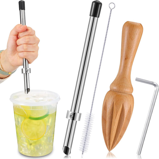 2 Pcs Wooden Manual Citrus Reamer with Straw Puncher for Lemonade Plastic Lids Cups, 304 Stainless Steel Straw Hole Puncher, Manual Citrus Juicer, Fresh Squeezed Lemonade Stand Supplies