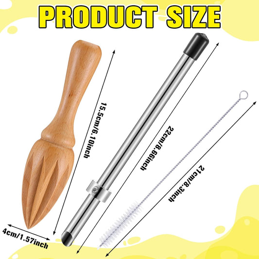 2 Pcs Wooden Manual Citrus Reamer with Straw Puncher for Lemonade Plastic Lids Cups, 304 Stainless Steel Straw Hole Puncher, Manual Citrus Juicer, Fresh Squeezed Lemonade Stand Supplies