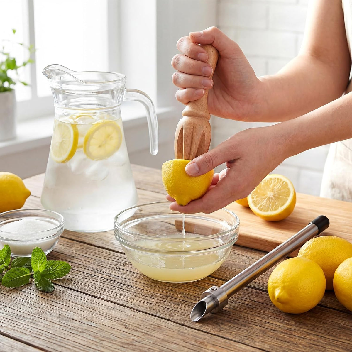 2 Pcs Wooden Manual Citrus Reamer with Straw Puncher for Lemonade Plastic Lids Cups, 304 Stainless Steel Straw Hole Puncher, Manual Citrus Juicer, Fresh Squeezed Lemonade Stand Supplies