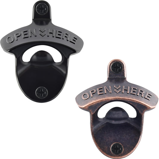 Beer Bottle Opener Wall Mounted Rustic and Black with Screws 2 PCS | Stainless Metal, OPEN HERE Embossed, Antique Copper Old Fashion Style, Mountable for Table Cooler Post to Open Cola Soda Top