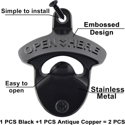 Beer Bottle Opener Wall Mounted Rustic and Black with Screws 2 PCS | Stainless Metal, OPEN HERE Embossed, Antique Copper Old Fashion Style, Mountable for Table Cooler Post to Open Cola Soda Top
