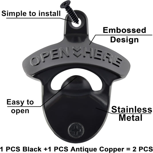 Beer Bottle Opener Wall Mounted Rustic and Black with Screws 2 PCS | Stainless Metal, OPEN HERE Embossed, Antique Copper Old Fashion Style, Mountable for Table Cooler Post to Open Cola Soda Top