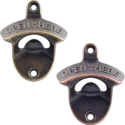 Beer Bottle Opener Wall Mounted Rustic and Black with Screws 2 PCS | Stainless Metal, OPEN HERE Embossed, Antique Copper Old Fashion Style, Mountable for Table Cooler Post to Open Cola Soda Top