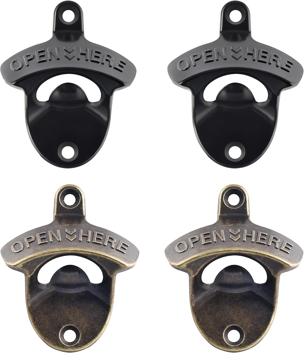Beer Bottle Opener Wall Mounted Rustic and Black with Screws 2 PCS | Stainless Metal, OPEN HERE Embossed, Antique Copper Old Fashion Style, Mountable for Table Cooler Post to Open Cola Soda Top