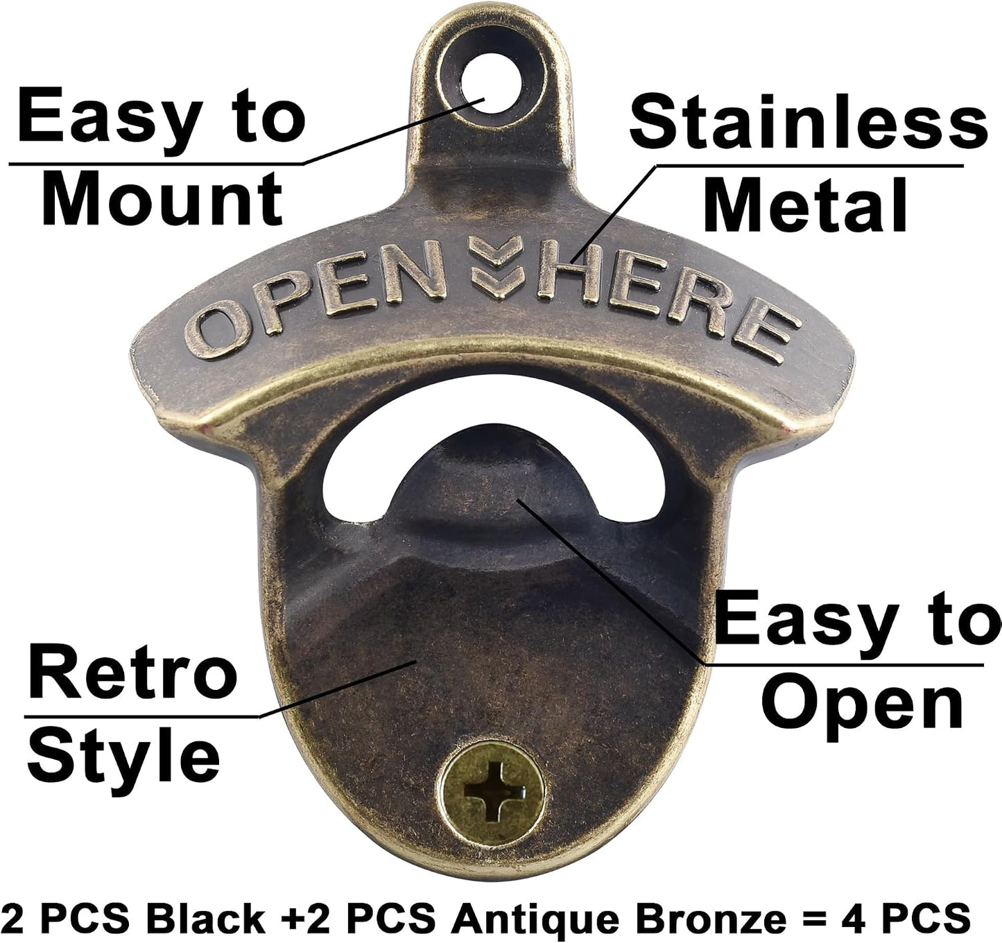 Beer Bottle Opener Wall Mounted Rustic and Black with Screws 2 PCS | Stainless Metal, OPEN HERE Embossed, Antique Copper Old Fashion Style, Mountable for Table Cooler Post to Open Cola Soda Top