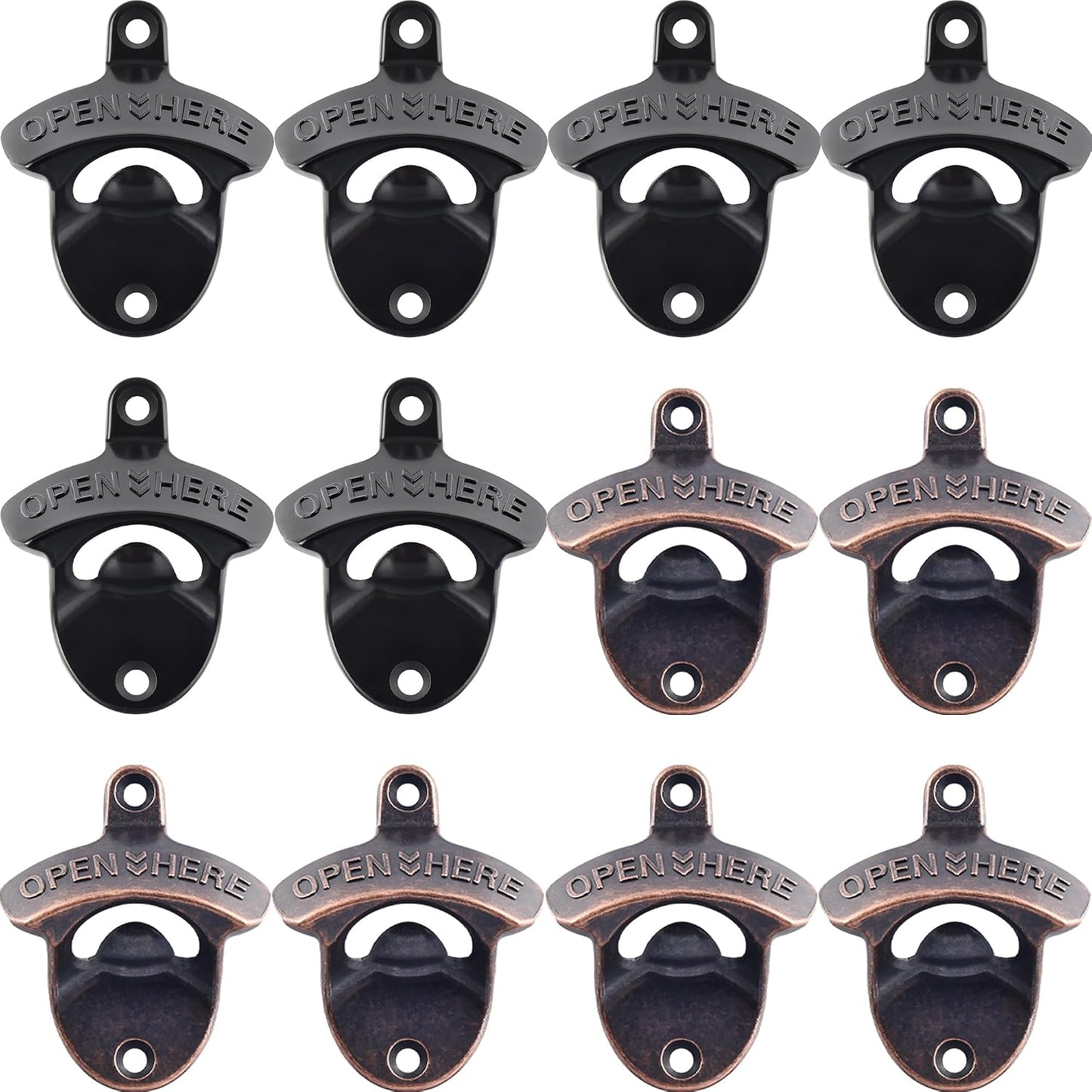 Beer Bottle Opener Wall Mounted Rustic and Black with Screws 2 PCS | Stainless Metal, OPEN HERE Embossed, Antique Copper Old Fashion Style, Mountable for Table Cooler Post to Open Cola Soda Top