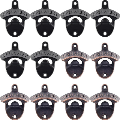 Beer Bottle Opener Wall Mounted Rustic and Black with Screws 2 PCS | Stainless Metal, OPEN HERE Embossed, Antique Copper Old Fashion Style, Mountable for Table Cooler Post to Open Cola Soda Top