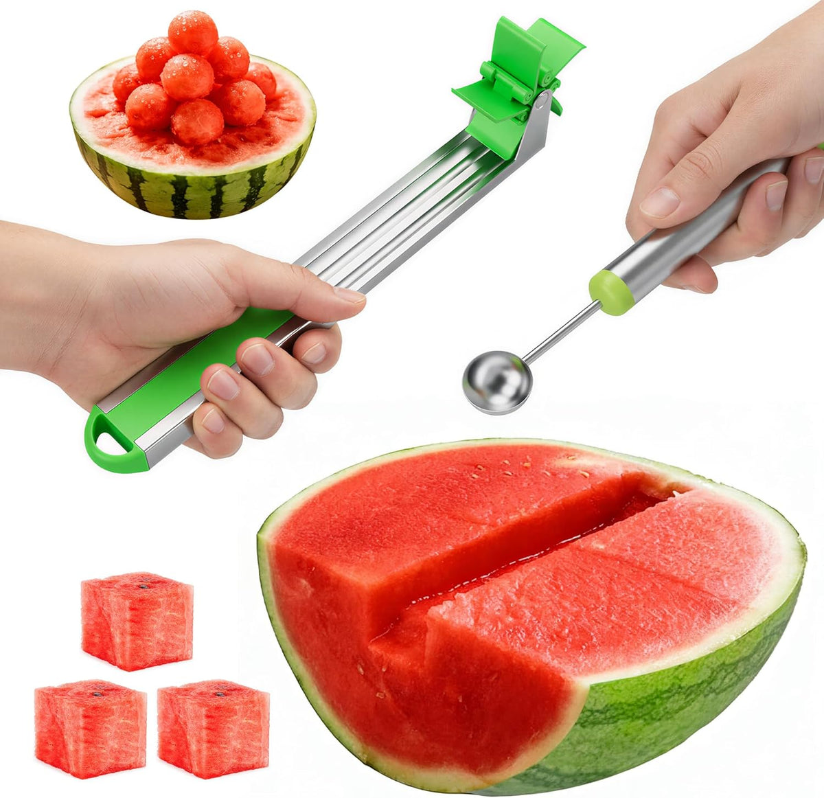 2-in-1 Watermelon Fruit Cutter & Slicer Tool, Melon Baller Scoop & Cuber
