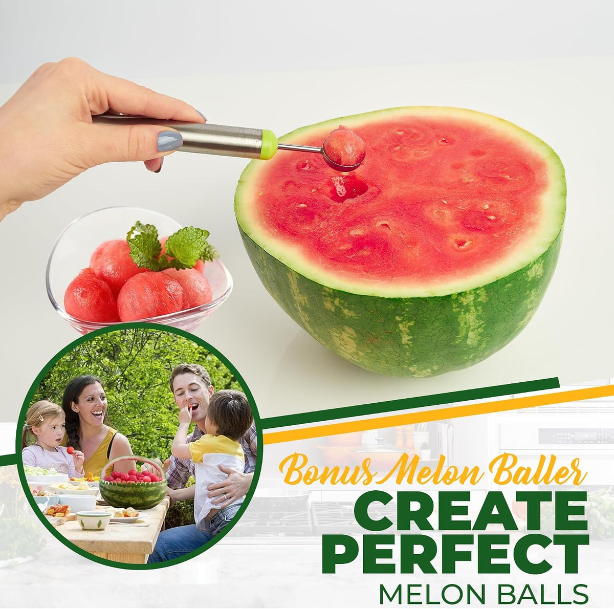 2-in-1 Watermelon Fruit Cutter & Slicer Tool, Melon Baller Scoop & Cuber