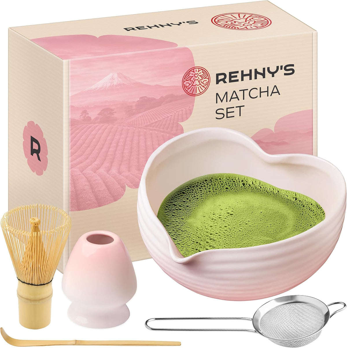Matcha Whisk Set | Complete Pink Matcha Set w/Heart-Shaped Bowl, Bamboo Whisk, Holder, Stainless Steel Sifter, Bamboo Scoop | Cute Gift Present Macha Kit Handmade Bowl | Macha Powder Tea Kit