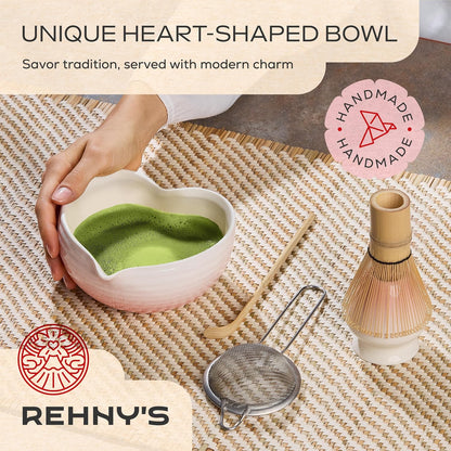 Matcha Whisk Set | Complete Pink Matcha Set w/Heart-Shaped Bowl, Bamboo Whisk, Holder, Stainless Steel Sifter, Bamboo Scoop | Cute Gift Present Macha Kit Handmade Bowl | Macha Powder Tea Kit